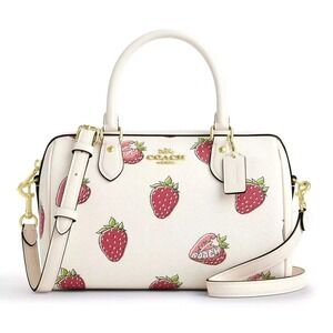 Coach Rowan Satchel Chalk Multi Strawberry Print Leather Crossbody Bag NEW